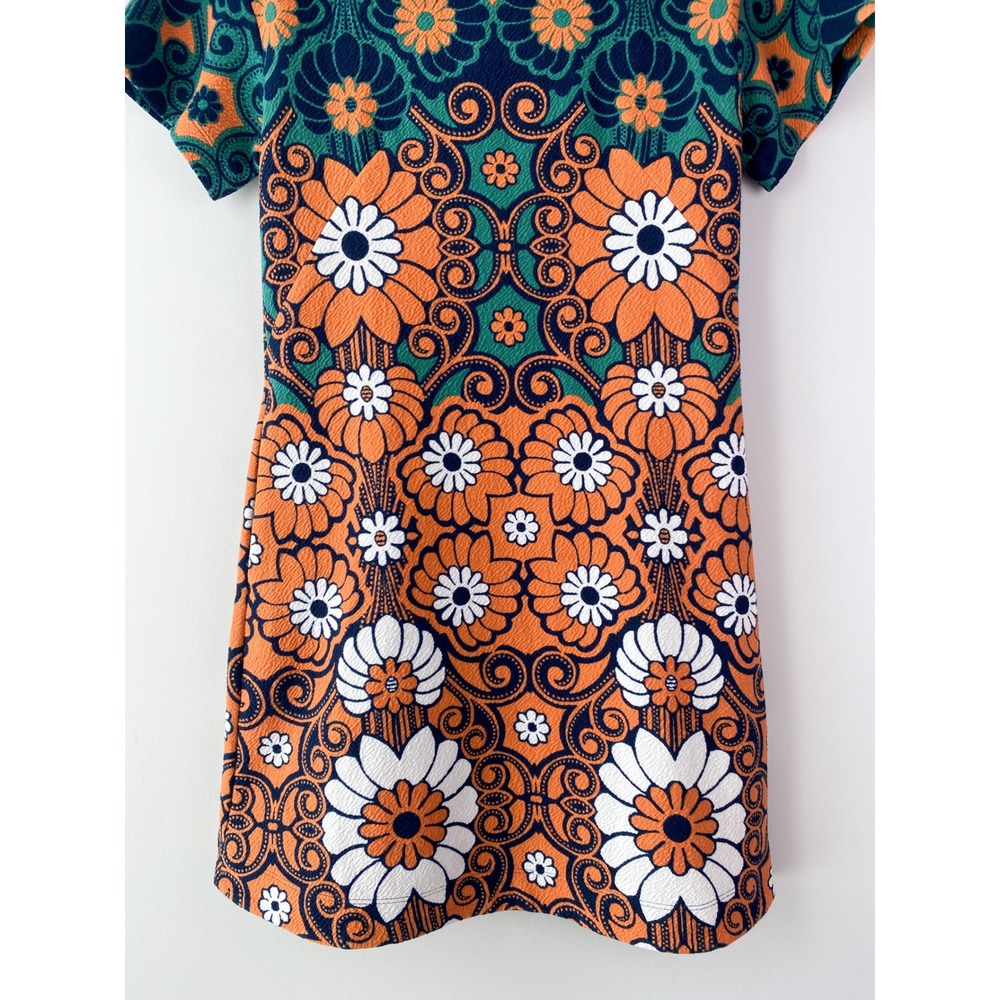 Maeve Anthropologie Floral Shift Mini Dress XS Teal Orange Hippie 70s Retro Mod - Picture 7 of 14